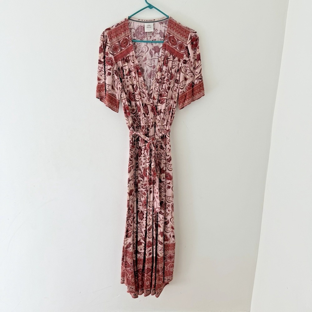 Boho Maxi‎ Dress Womens M Pink V Neck Floral Bohemian Hippie Cottage Faux Wrap